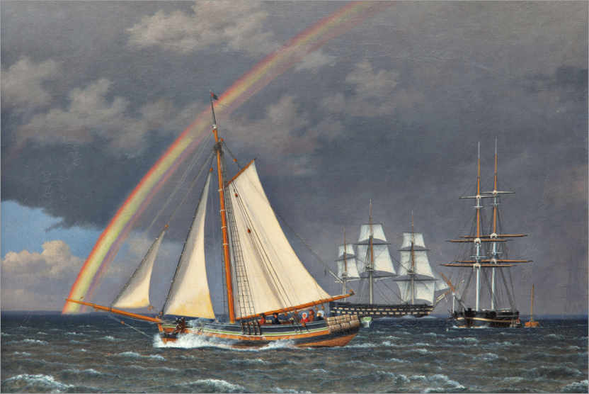 Poster Rainbow at sea with some cruising ships