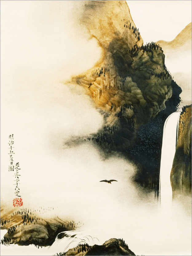 Poster Landscape with waterfall and bird