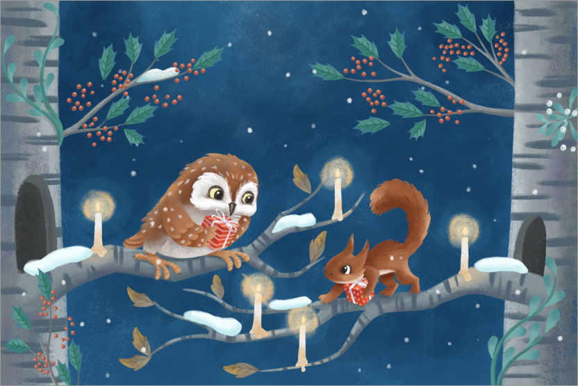 Poster Owl and squirrel exchanging gifts