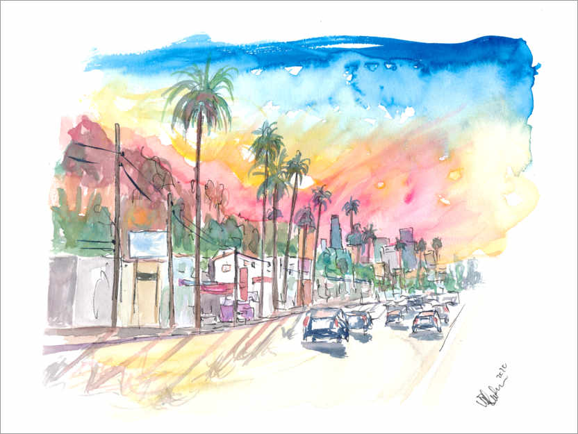 Poster Sunset Blvd Los Angeles in the rainbow colored sunset