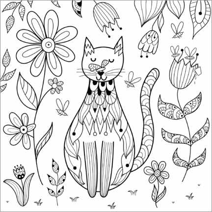 Colouring poster Cat in the garden