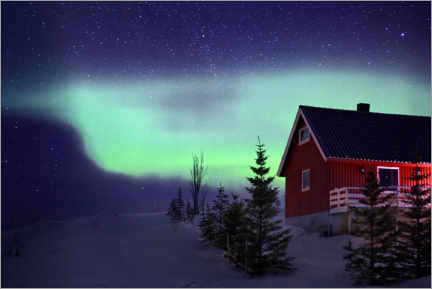 Acrylic print  Red Norwegian house with aurora borealis in winter - Robert Seitz