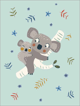 Poster Koala mom with baby, blue