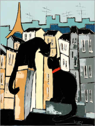 Poster Black cats on Parisian rooftops