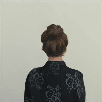Poster Back view of a woman with a bun and a patterned blouse