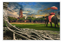 Poster  big root of banyan tree and elephant