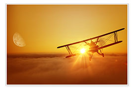 Poster Biplane flies towards the sun