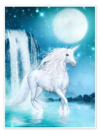 Poster  Unicorn - Waterfalls and Moon - Dolphins DreamDesign
