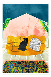 Poster Black cat on yellow sofa